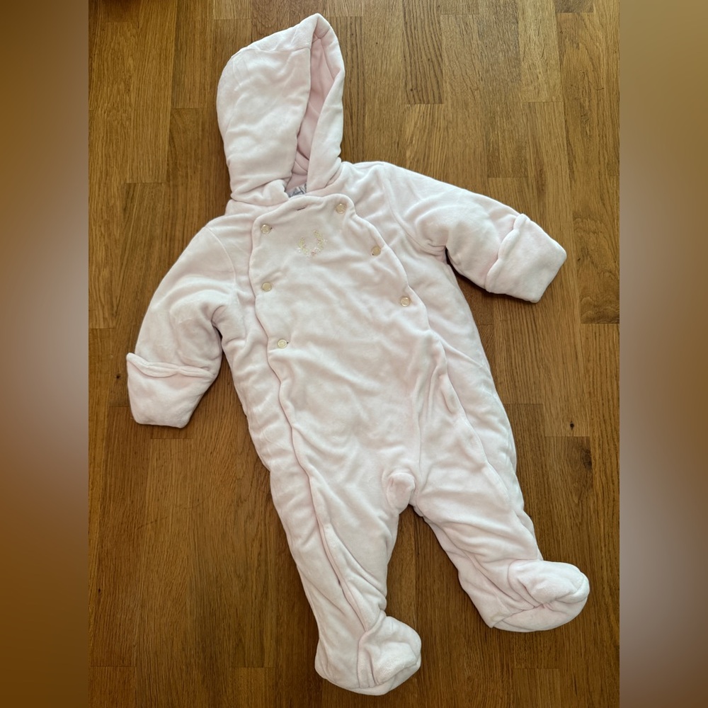 Ralph Lauren 6 MONTHS Pastel Pink Velvet Pima Cotton Cold Weather Baby Bunting